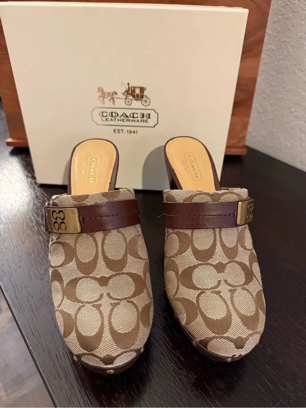 Coach Brown & Beige Signature Canvas Clog Mules